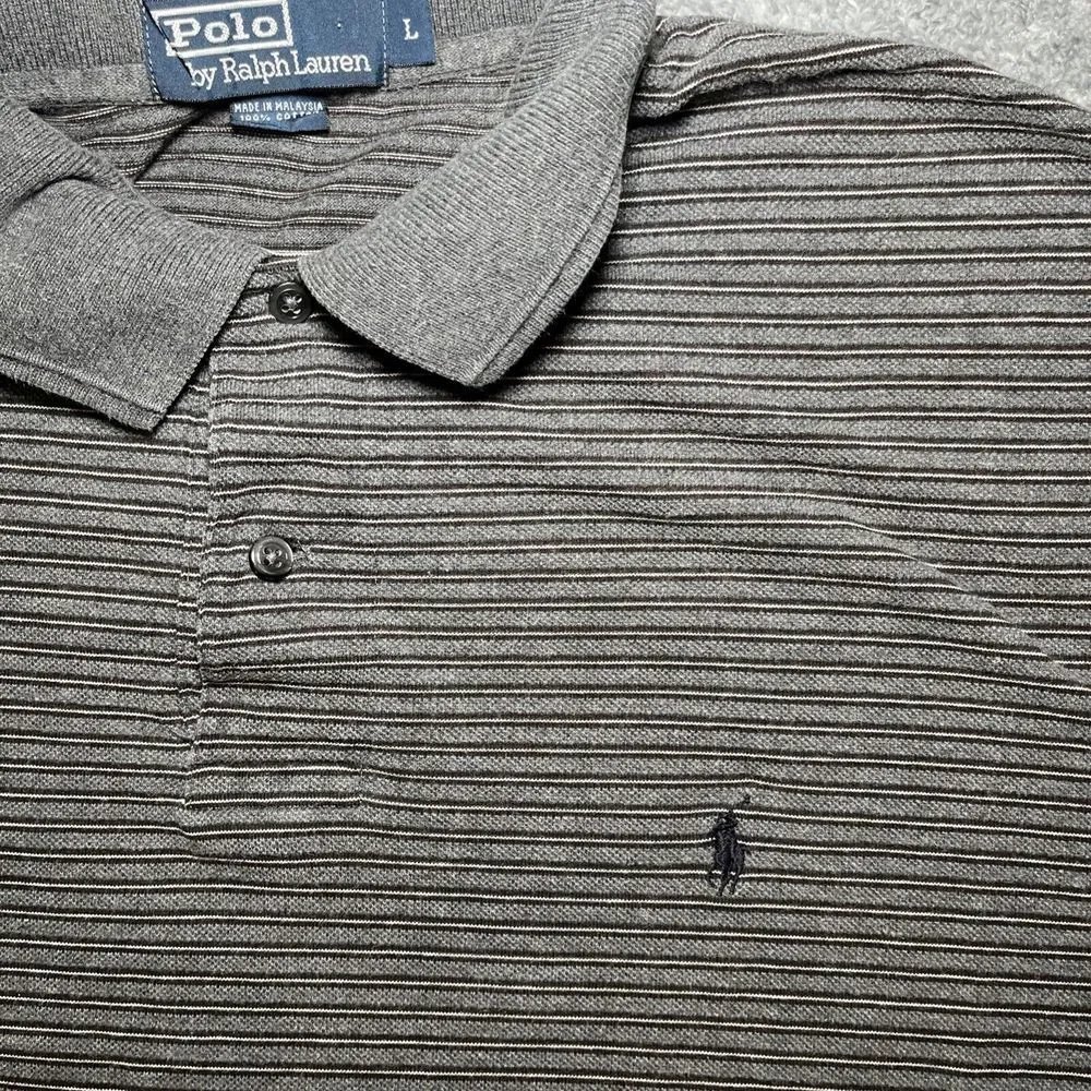 Polo By Ralph Lauren Vintage Men's SZ L Short Sleeve Grey Striped Polo 90's